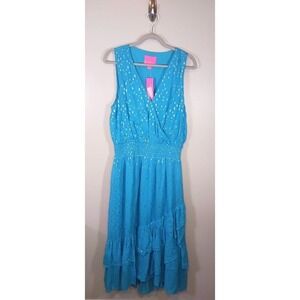Lilly Pulitzer Valeri Midi V-Neck‎ Smocked Waist Ruffle Blue Dress Size 14 NWT
